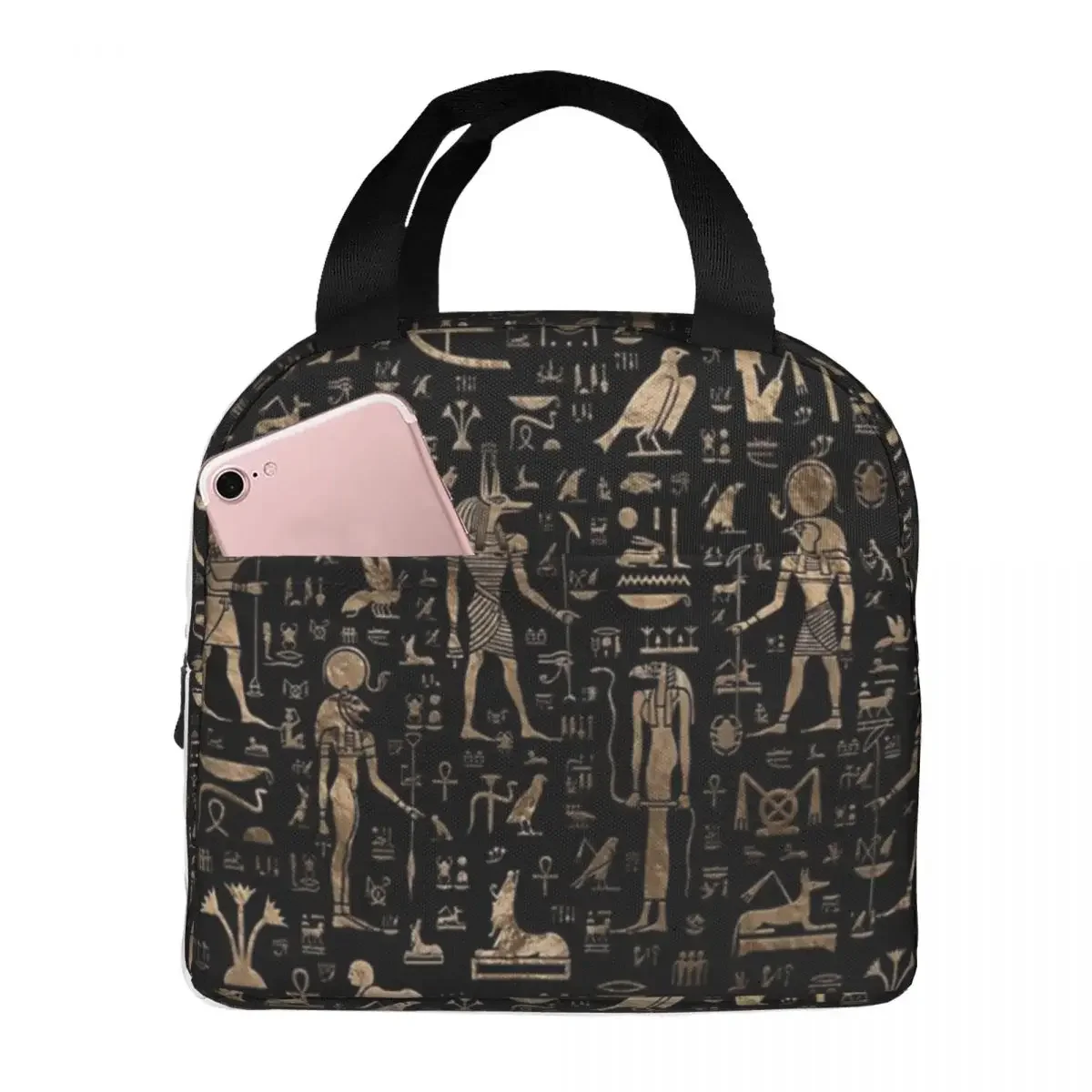 Lunch Bags for Women Kids Ancient Egyptian Gods Hieroglyphs Black Thermal Cooler Waterproof Picnic Oxford Lunch Box Food Bag