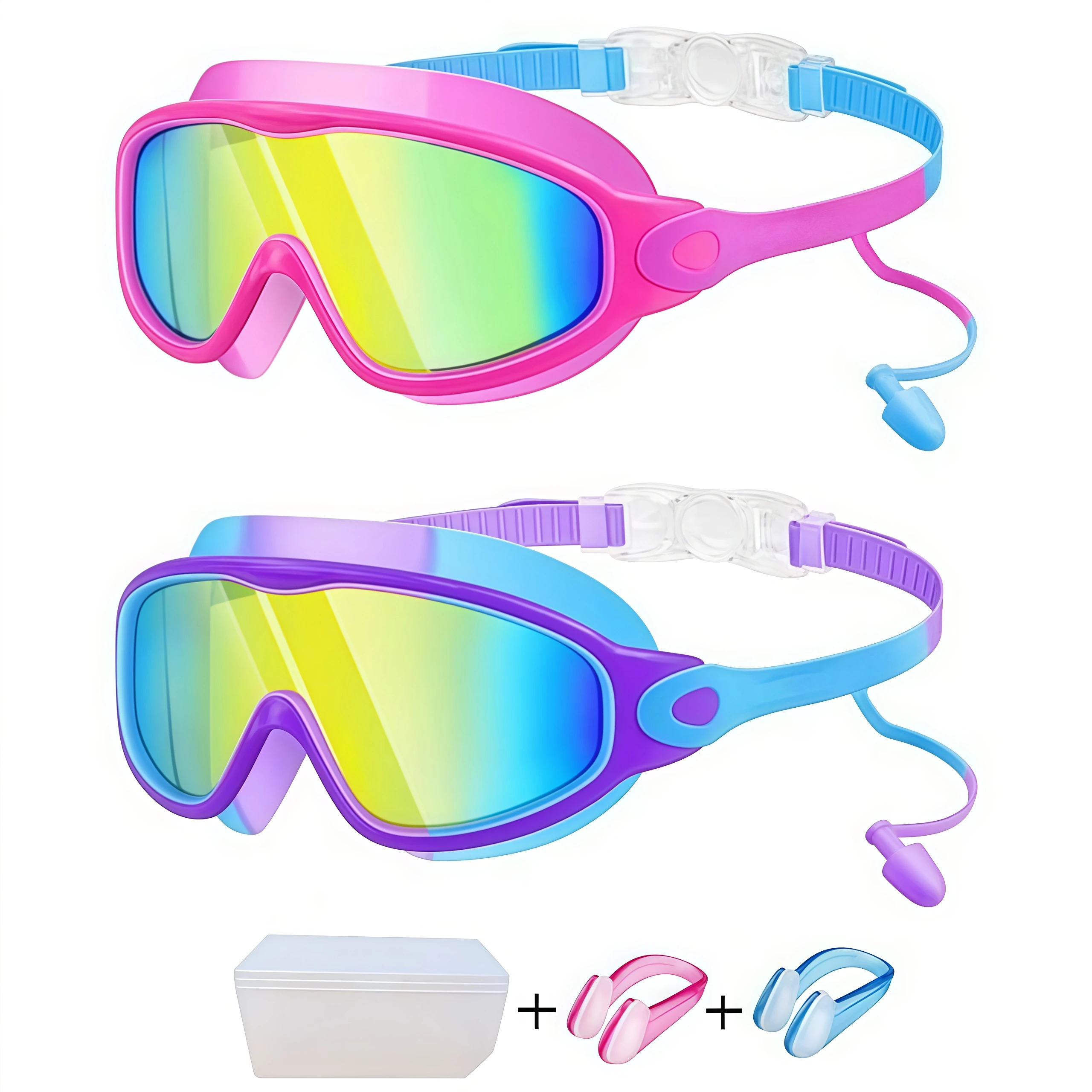 Easy Adjust Kids Swim Goggles, One-Button Design for Long Curly Hair, Anti-Fog UV Protection Leakproof Goggles for Young Swimmers