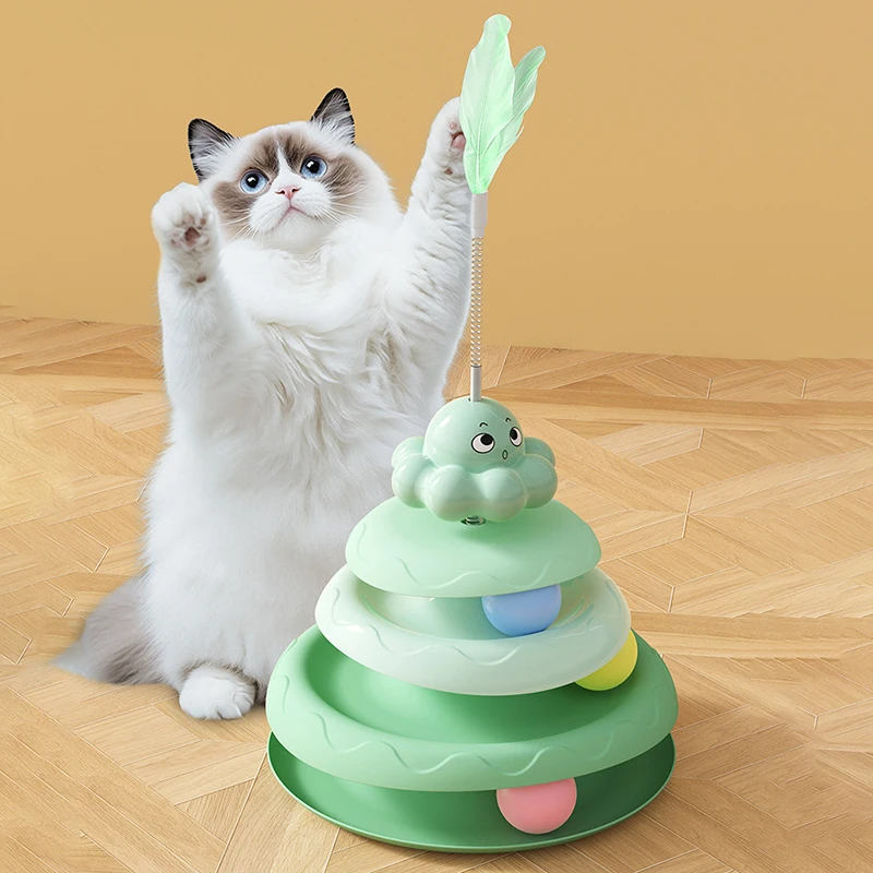 Three-layer Plastic Turntable Cat Toy with Feather Colorful Balls Detachable Funny Intelligence Teasing Cat Stick Jouet Chat