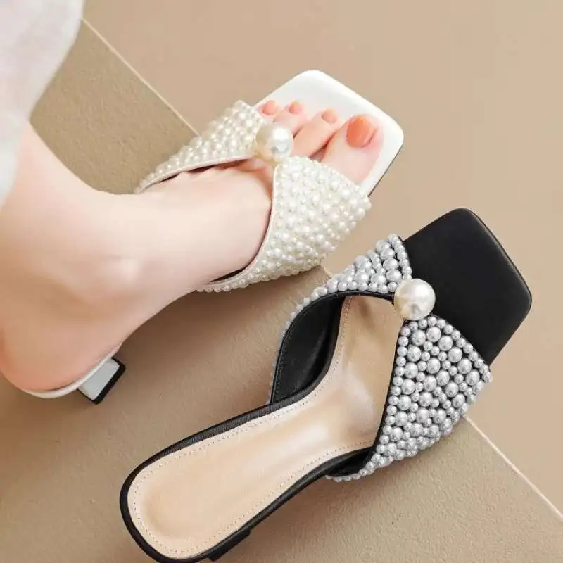 

Elegant Beige Satin Pearl Embellished Square Toe Mules For Women Party Heel Luxury Design Statement Footwear