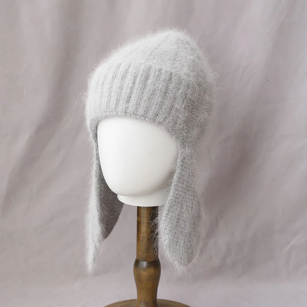

2026 Fashion Women Winter Rabbit Fur Warm Hat Fur Ear Flap Cap Angora Knitted Hat Skullies Beanies Female Bonnet Woman Knit Cap