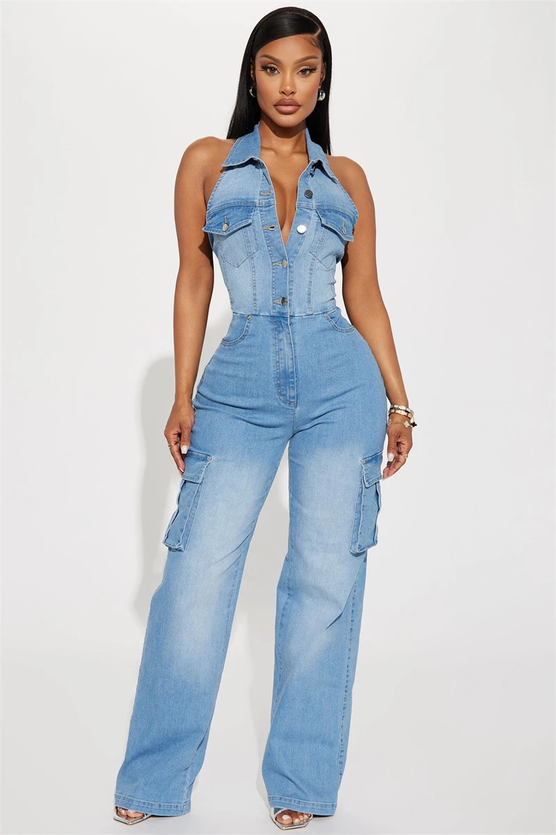 

Fashion Denim Cargo Jumpsuits Summer Clothing Women 2026 Sleeveless Backless Straight Jeans Rompers Playsuits One Piece Overalls