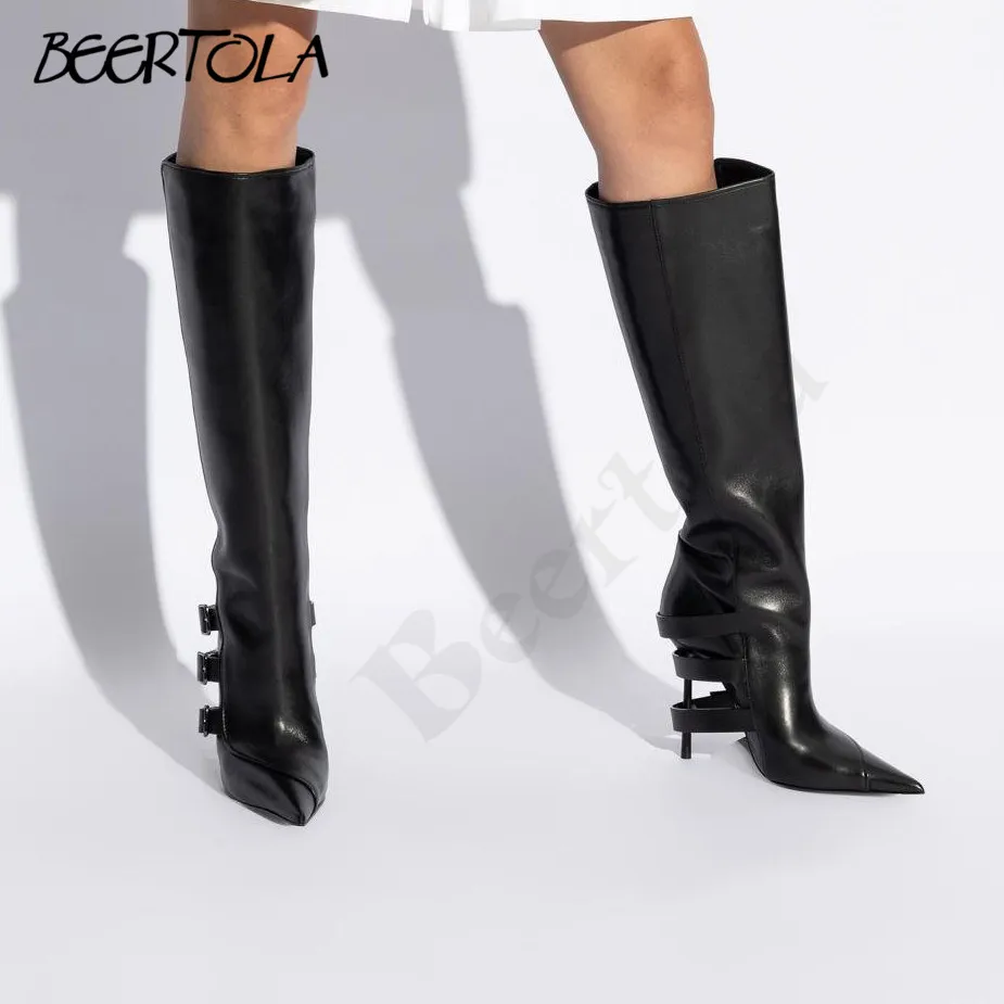 Women's Belt Buckle Black Boots with Stilettos and Pointed Toes Fashionable Banquet Boots Large Size Casual Light Luxury Boots