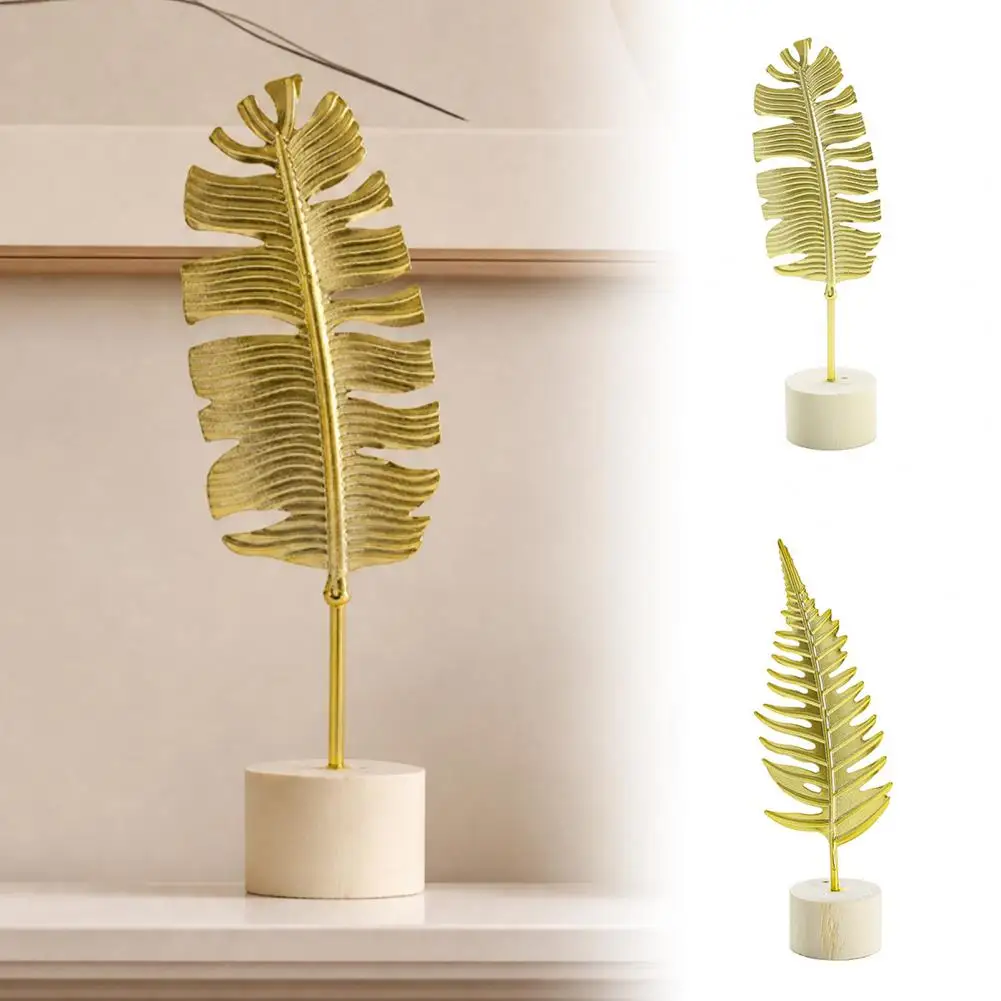 3D Metal Feather Decor, Gold Leaf Finish With Weighted Round Base, Chic Desktop Ornament For Home Office Gifting And Display