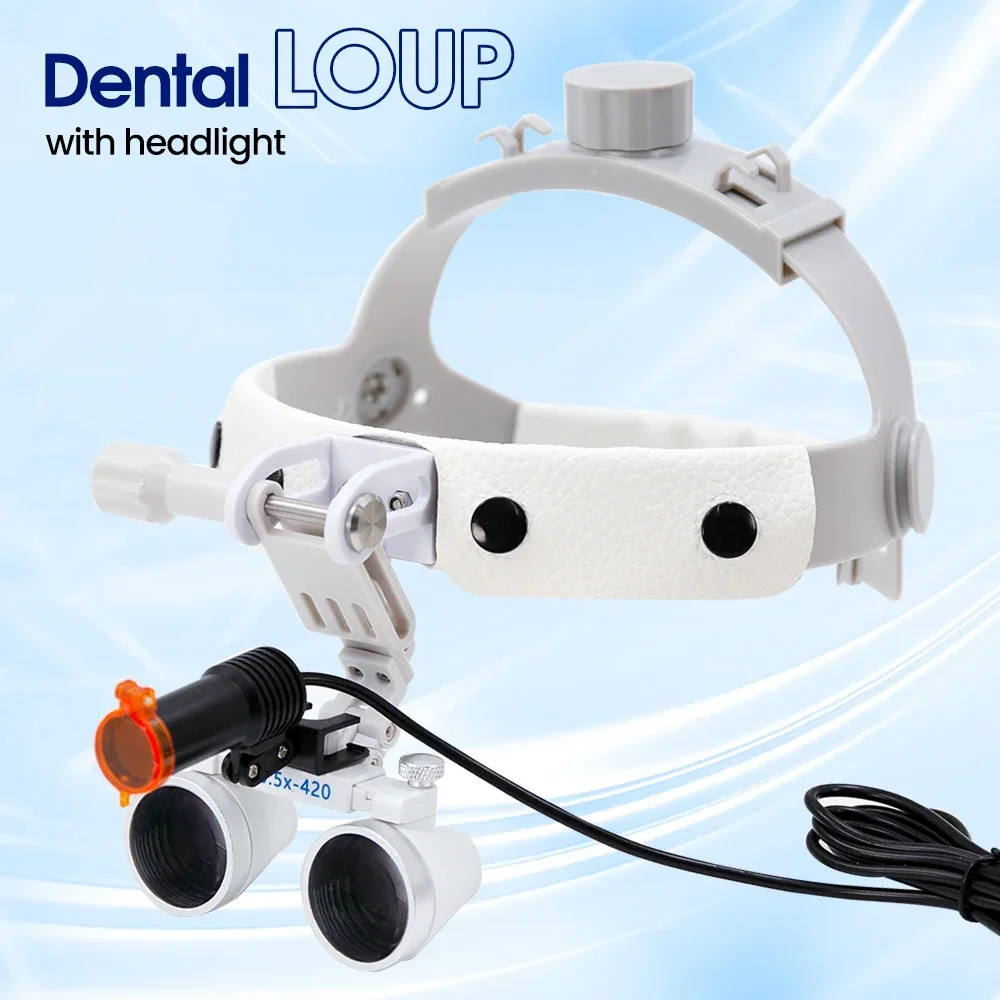 Enhance dental procedures with 3.5X loupes & LED headlight. Headband, adjustable brightness. Galilean Optics system.