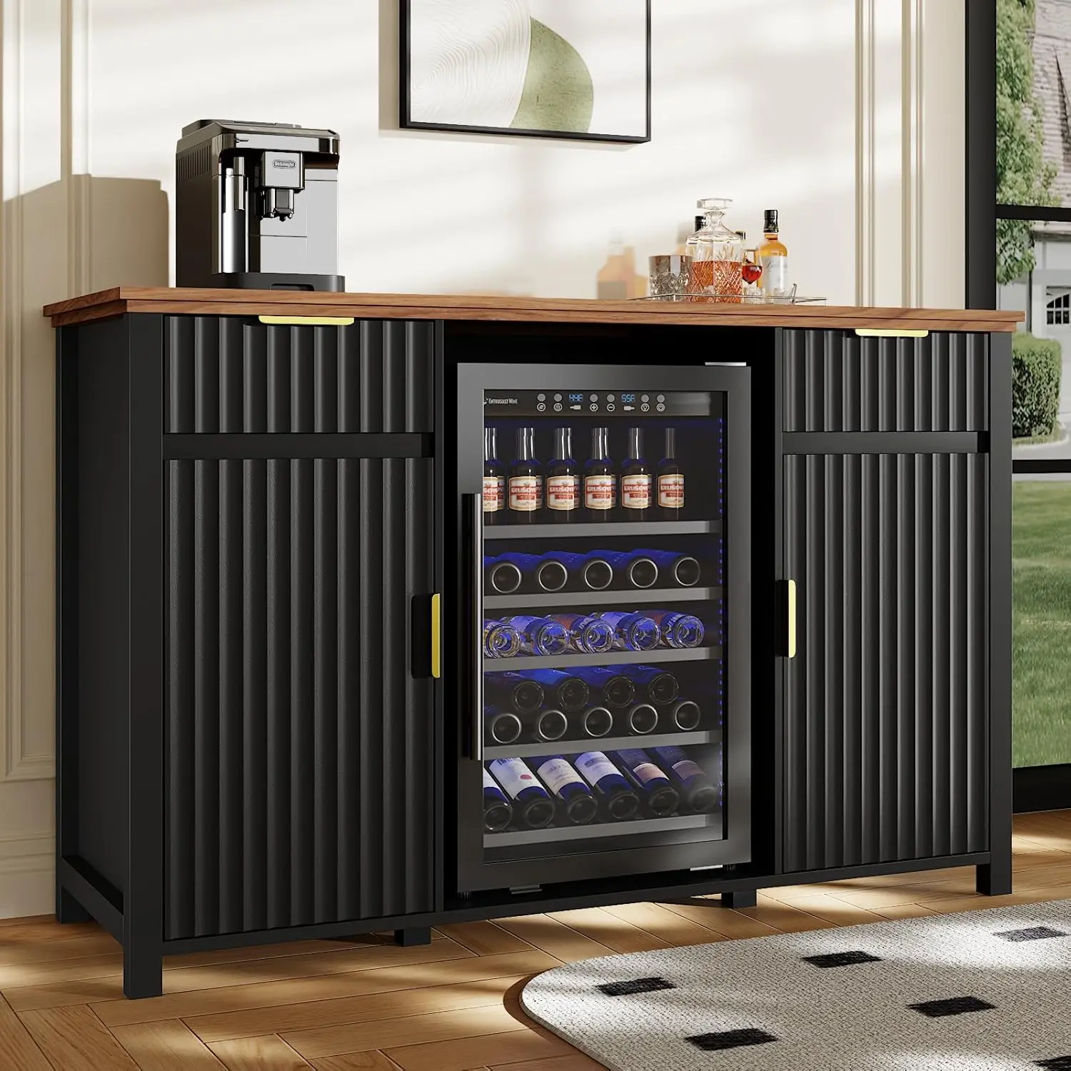 Fluted Coffee Bar Cabinet with Wine Storage, Mini Fridge Space & Charging Station for Kitchen Dining Room, Custom