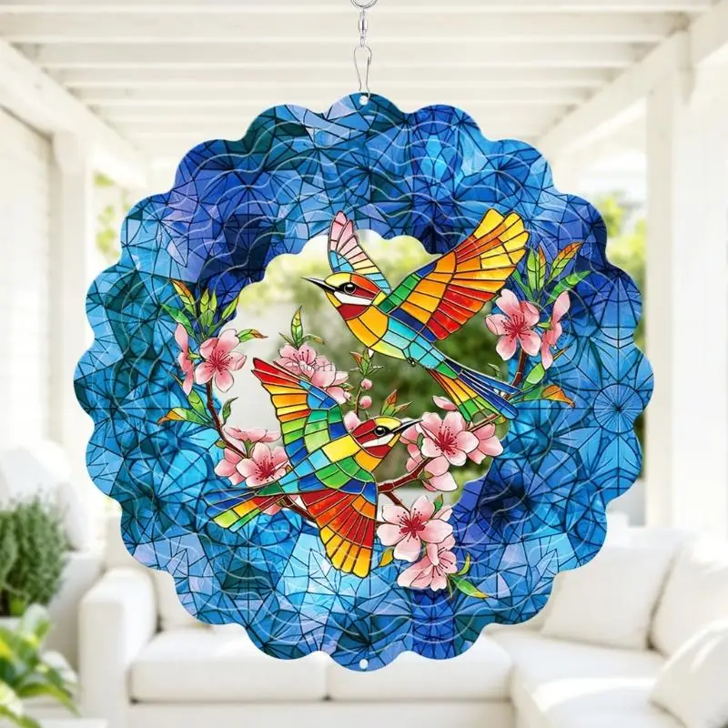  Hummingbird and Florals Hanging Metal Wind Spinner Sculpture for Garden Patios