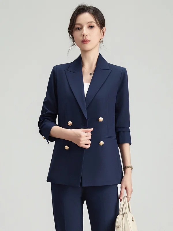 Cobalt Blue Women's Suit Jacket Professional Career Interview Outfit Double Buttoned Business Wear Commute Casual Style