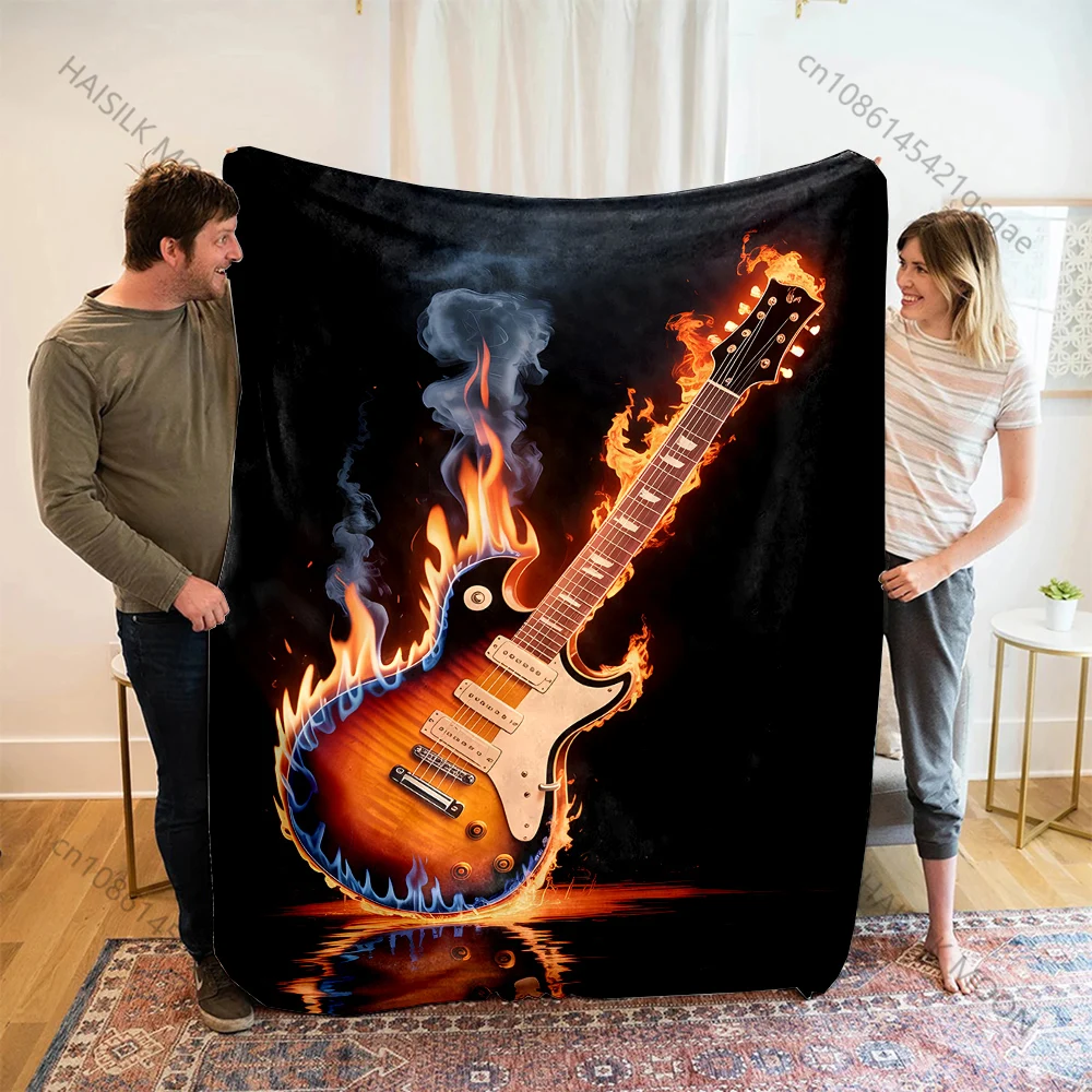 1PC Flaming electric guita Print Adult Children Warm Blankets Home Travel Car Soft Comfortable Suitable for all seasons