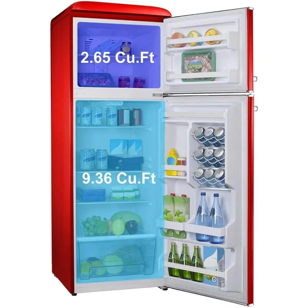 Dual Door Fridge, Adjustable Electrical Thermostat Control with Top Mount Freezer Compartment, Retro Red, 12.0 Cu Ft