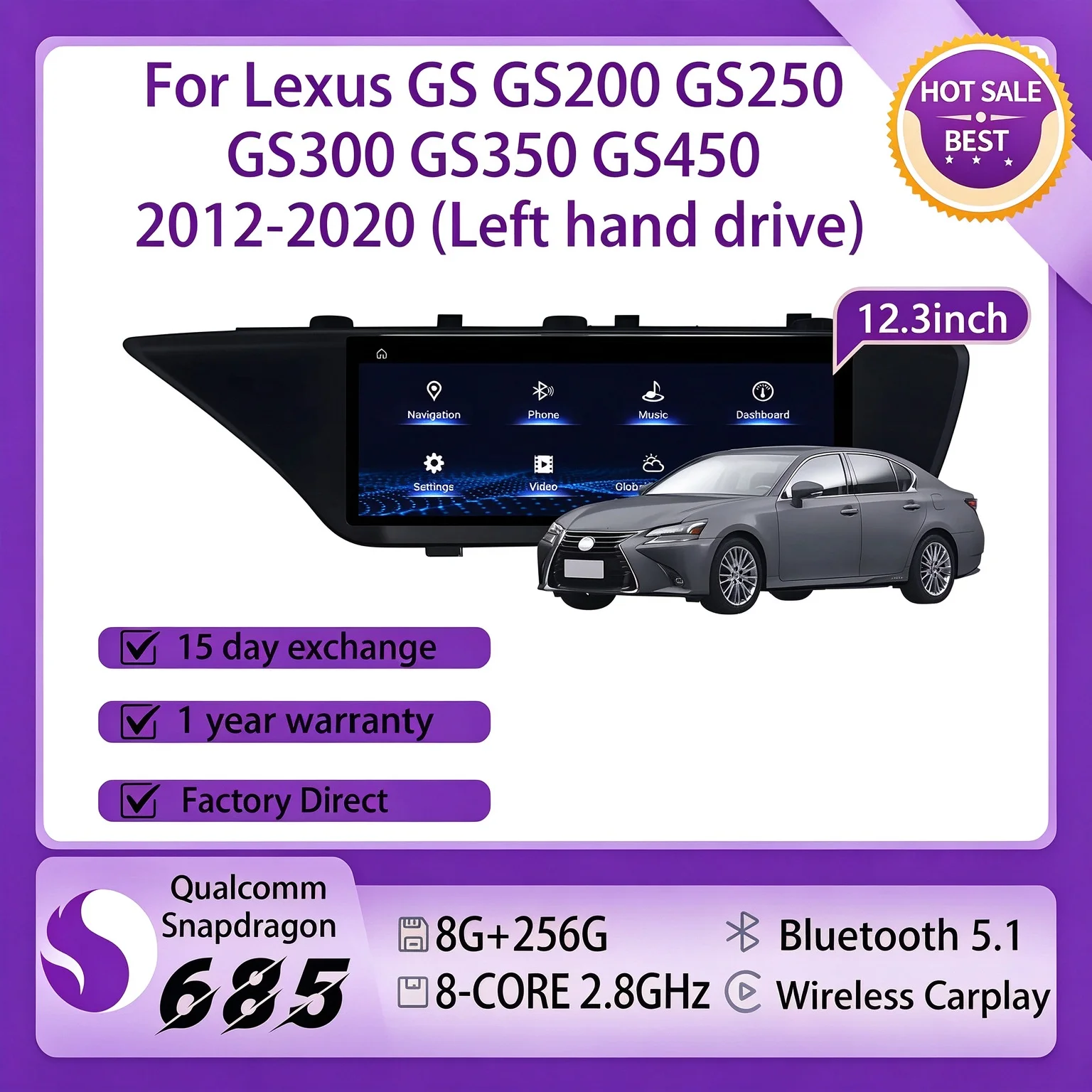 12.3 Inch Car Radio for Lexus GS 2012-2020 Snapdragon 685 Android 14 BT GPS Split Screen Carplay Compatible with GS200 GS250 GS3