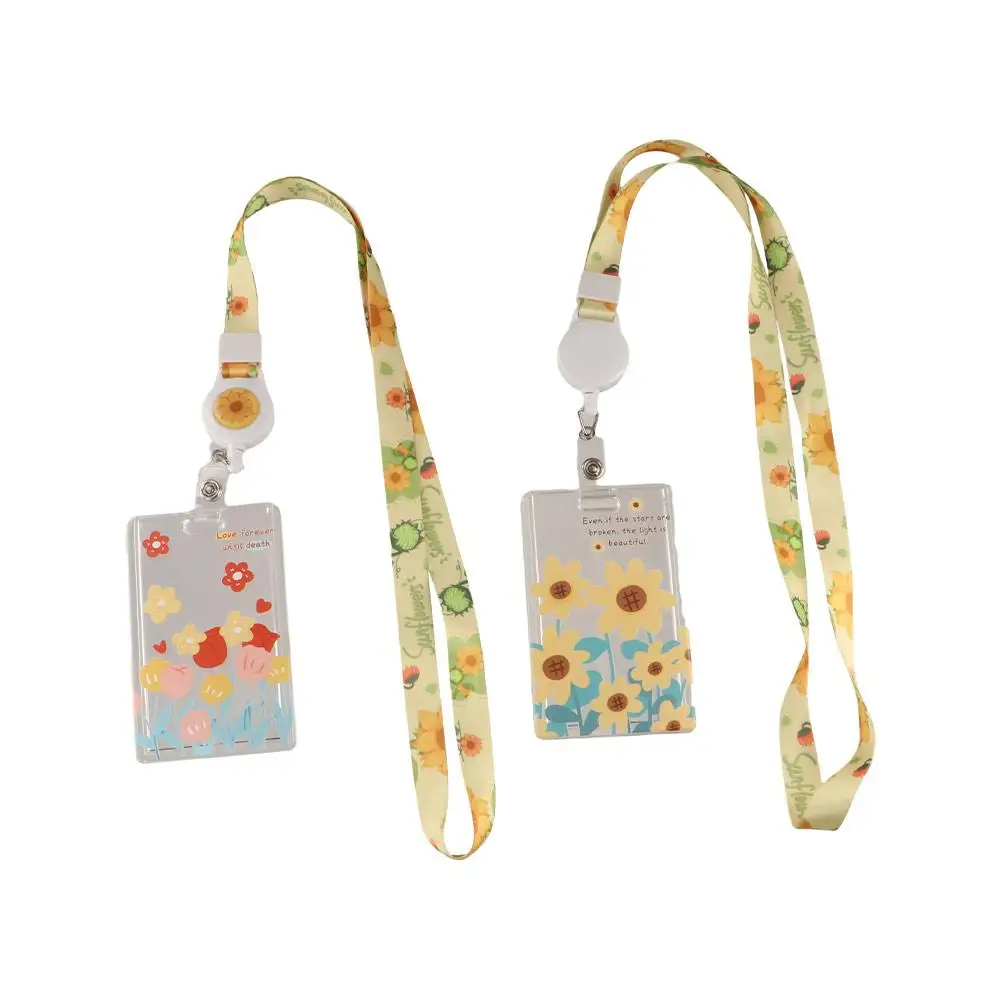 Hanging Neck Transparent Card Holder Double-sided Viewing Sliding Closure Flower Card Case Card Sleeve ID Credit Card Holder