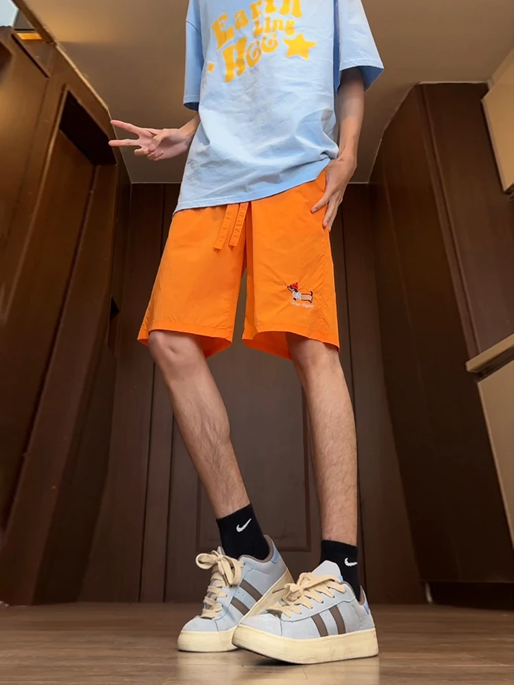 

Dopne orts Men's Summer Faion Ice Silk Qui Dry Breathable Beach Pants Four-Five Parts Sausage Dog Embroidery Casual ...