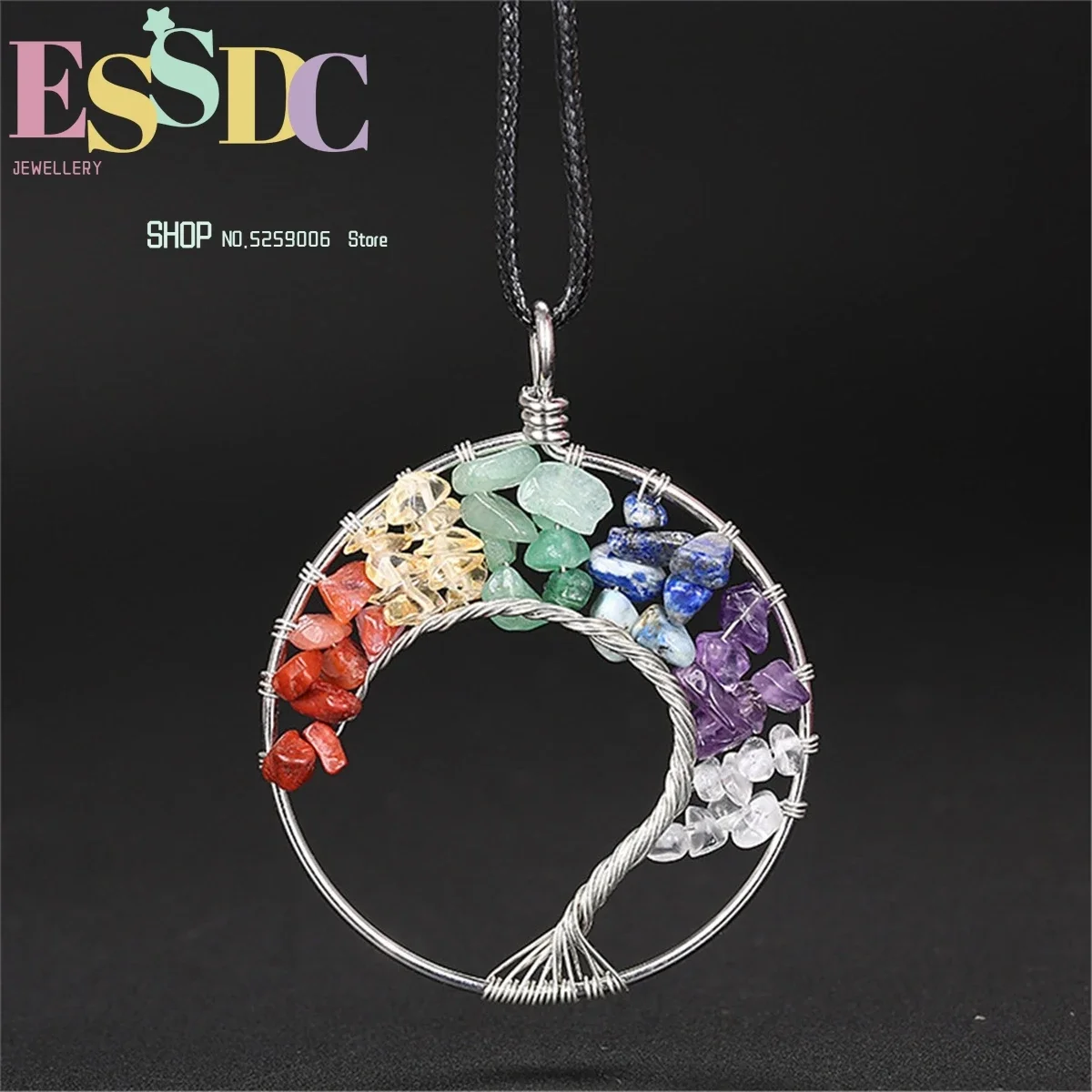 Natural Purple Crystal 7 Chakra Tree of Life Pendant Handmade Colorful Curved  Women Necklace+Leather or Link Chain