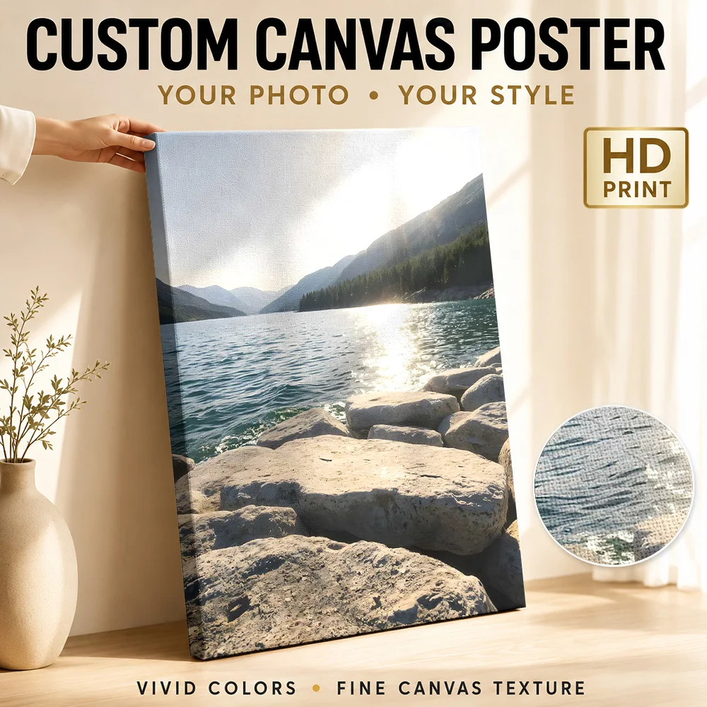 Lake And Mountain Landscape With Rocks Canvas Poster Customized Photo Detailed Realistic Composition Wall Art For Sitting Room