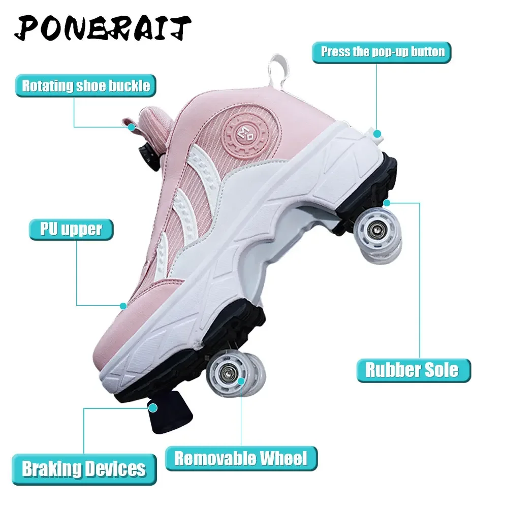 Girls Outdoor Kids Automatic Scaling Skates 4-Wheel Adjustable Roller Skates Boys Girls Casual Wheeled Sneakers