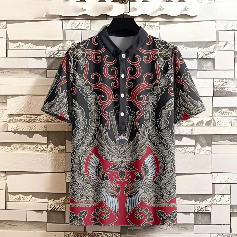 

Flowers Leaves Pattern Grandpa Shirt For Men Retro 3D Printed T-Shirts Summer Street Short Sleeve Tees Stand Collar Polo Shirts