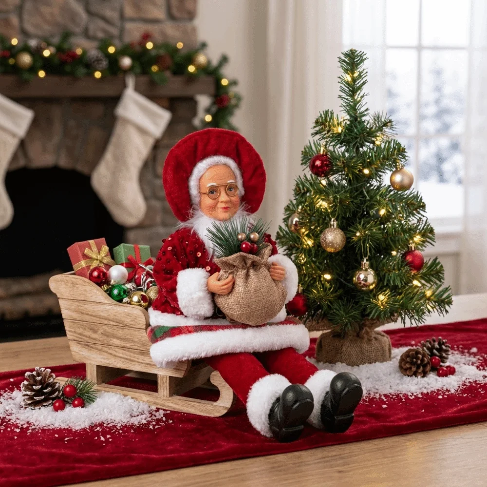 Standing & Sitting Mrs. Claus Christmas Statue Pine Berry Felt Xmas Figurine Faux Wool Red Plaid Sequin Ornament Tabletop