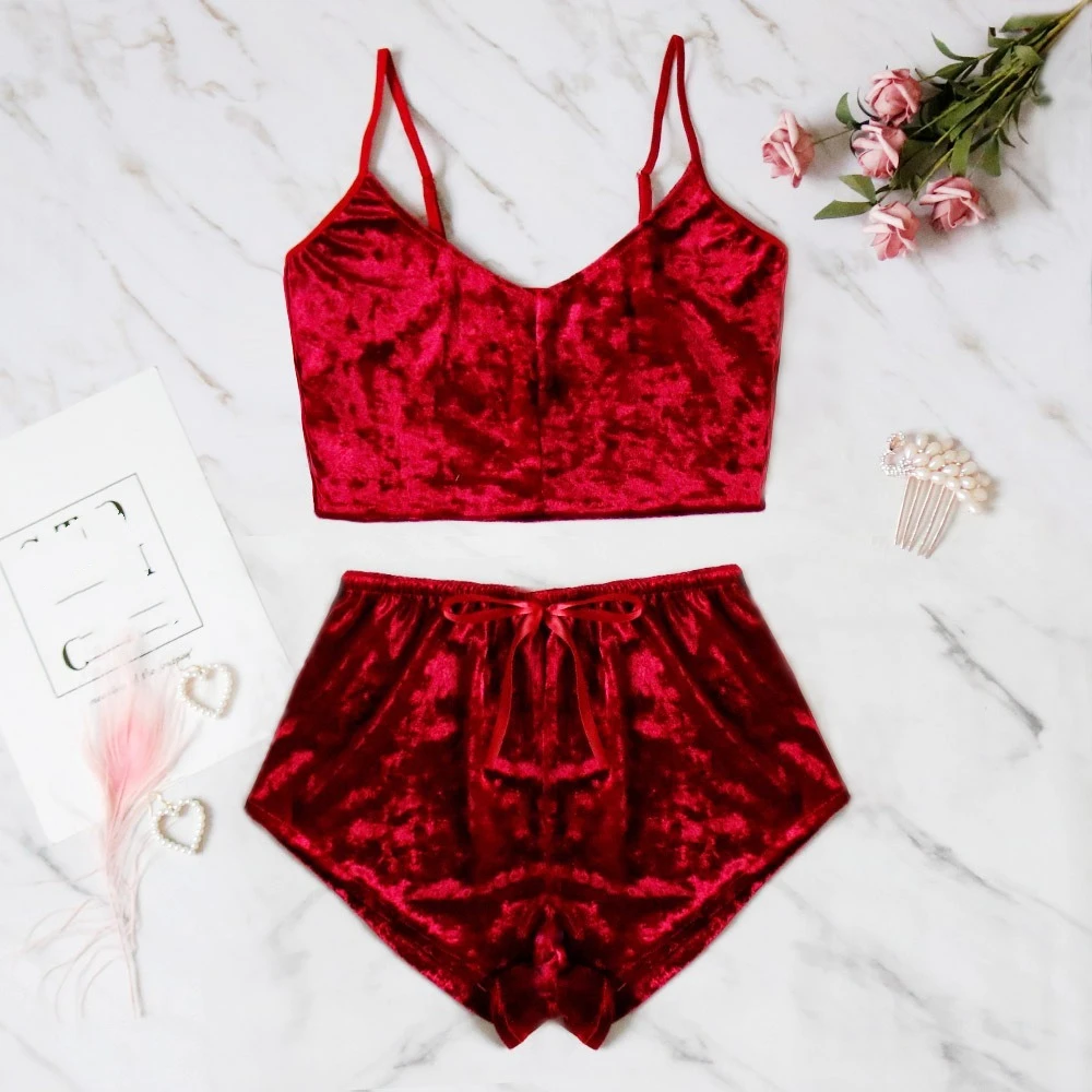 Comfortable Sleeveless Women's Pajamas Set V-neck Bikini Velvet Nightwear Solid Crop Top Two Pieces Sleepwear Summer