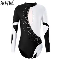 Kids Girls Ballet Dance Leotard Figure Skating Workout Gymnastics Dancewear Long Sleeve Shiny Rhinestones Performance Costumes