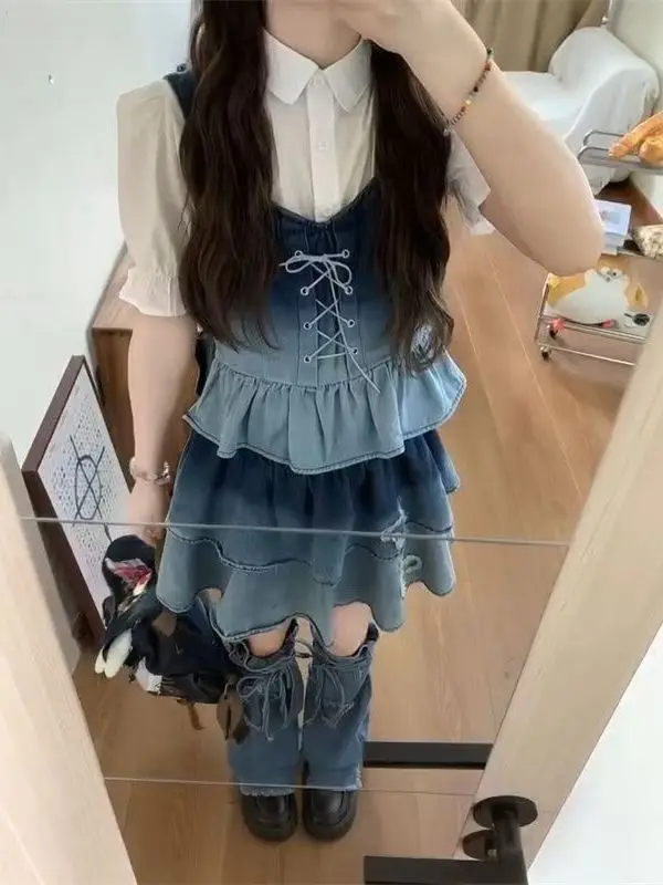 여름 슬리밍 블루 그라데이션 데님 홀터넥 드레스 여성 패션 세트 숏 퍼프 스커트 투피스 세트 통기성 좋은 면 혼방
