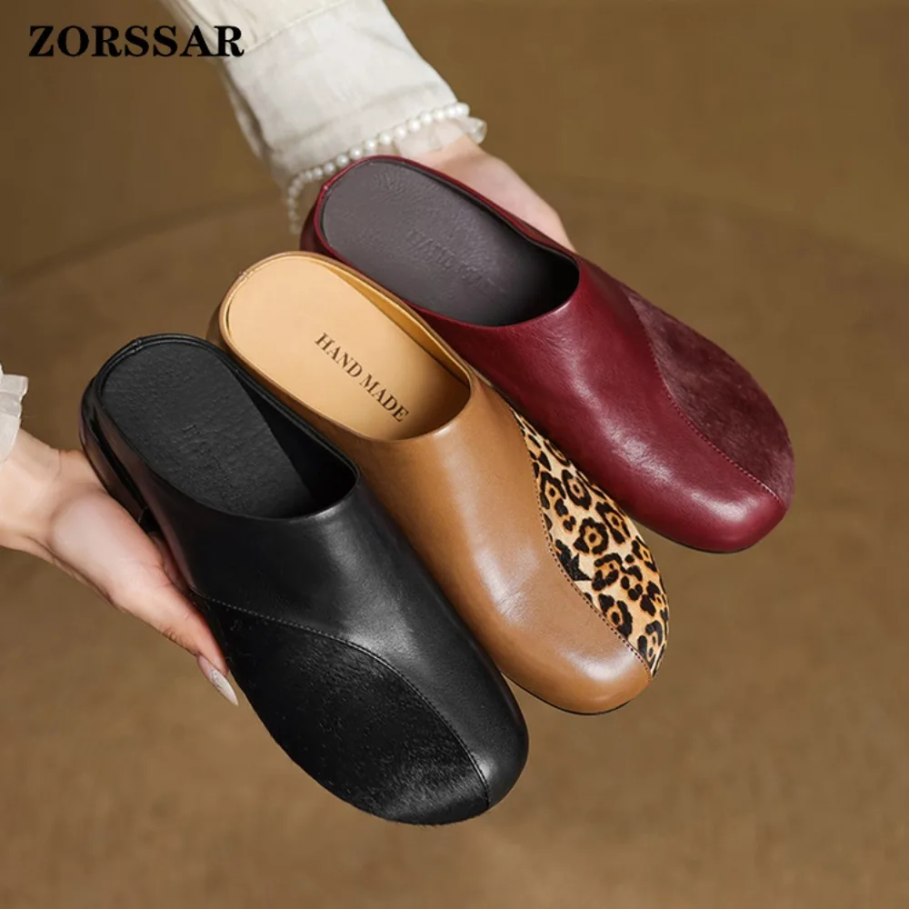 Women's Leather Backless Mules with Faux Fur Panel Square Toe Flat Heel Retro Elegant Footwear for Daily Commute and Casual Wear