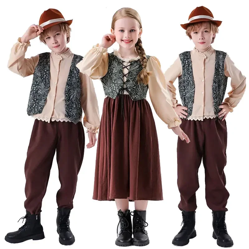 Gaun Pembantu Pertanian Set Oktoberfest Lengan Panjang Anak Laki-laki Gaun Kostum Cosplay Halloween Seragam Anak Perempuan Pertandingan Kecil Sipil