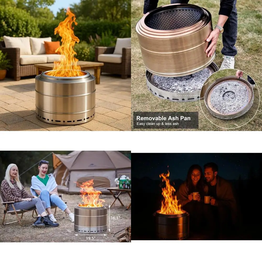 

Portable Outdoor Wood Burning Fire Pit, 19 Inch Stainless Steel, Ash Pan Included, Low Smoke Patio Bonfire