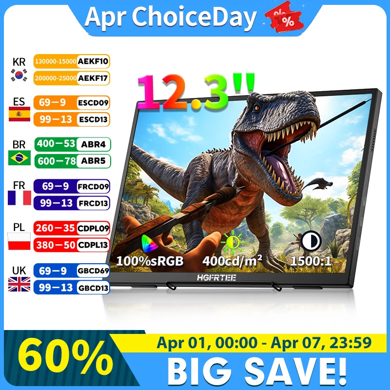 

HGFRTEE 12.3inch Portable Monitor 3:2 400Cd/m² 100%sRGB second screen Gaming Extended Display for Mac Phone PS5 Xbox Switch