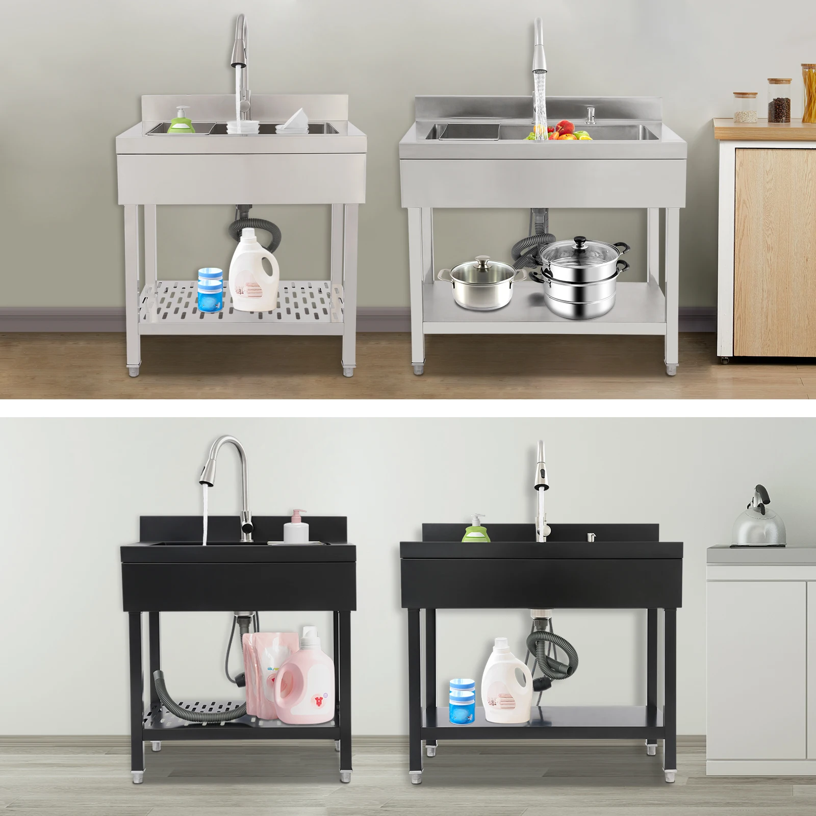 Évier utilitaire autoportant en acier inoxydable 75x42cm/55x36cm, éviers pour linge et salle utilitaire, bol simple rectangulaire noir/argent