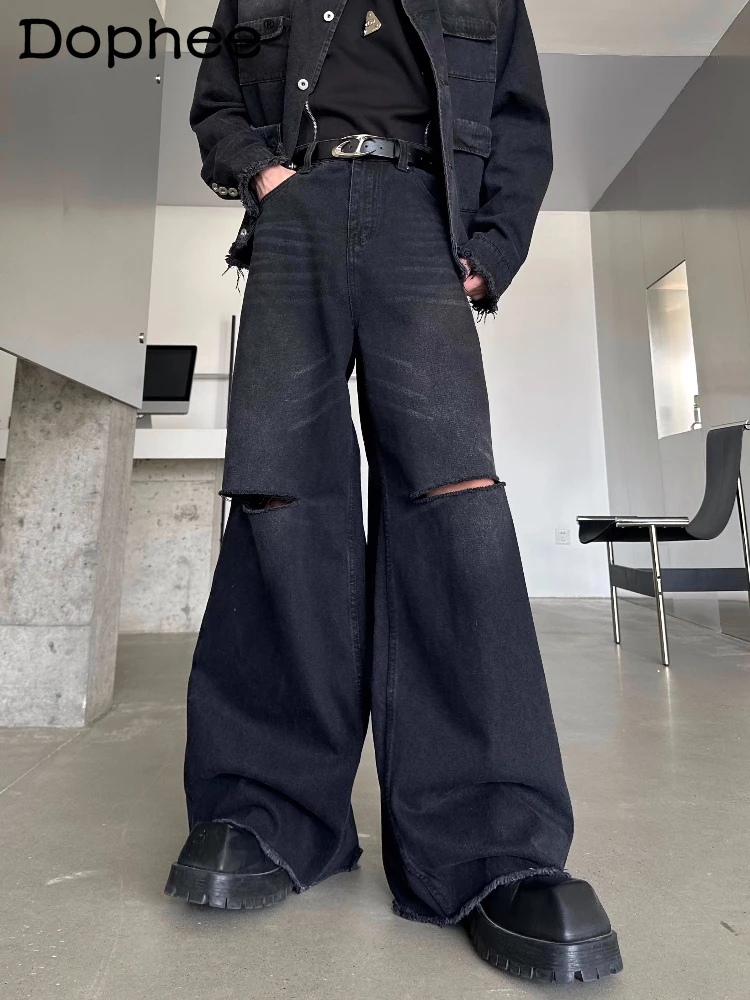 

Men's Niche Design Hole Solid Color Wide-leg Jeans Men's 2025 Spring New Retro Straight Denim Pants Full Length Denim Trousers