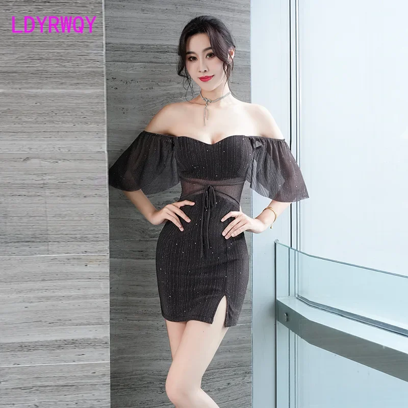 

New Fashion Nightclub Style Dress Slim Fit Off Shoulder Lotus Leaf Sleeve Wrap Hip Sexy