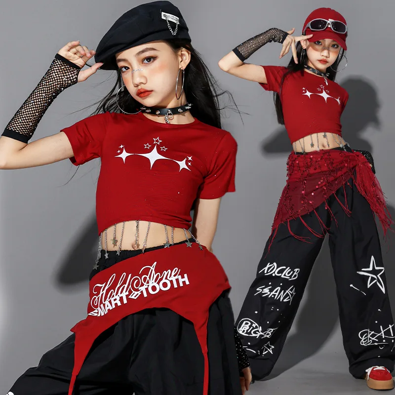 Nuove ragazze Hip Hop Street Dance Costume Rosso Crop Top Pantaloni larghi Performance Abiti da ballo moderni Set Gruppo Jazz Stage Outfit