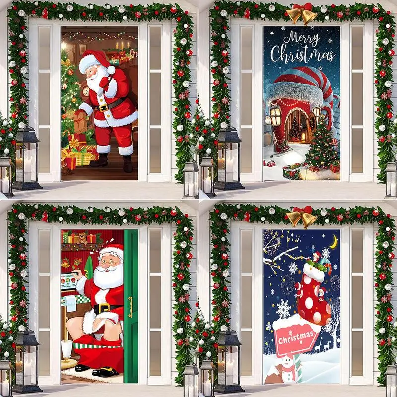 Christmas Door Covers for Front Door Merry Christmas Santa Claus Door Cover Christmas Stocking Holiday Door Cover