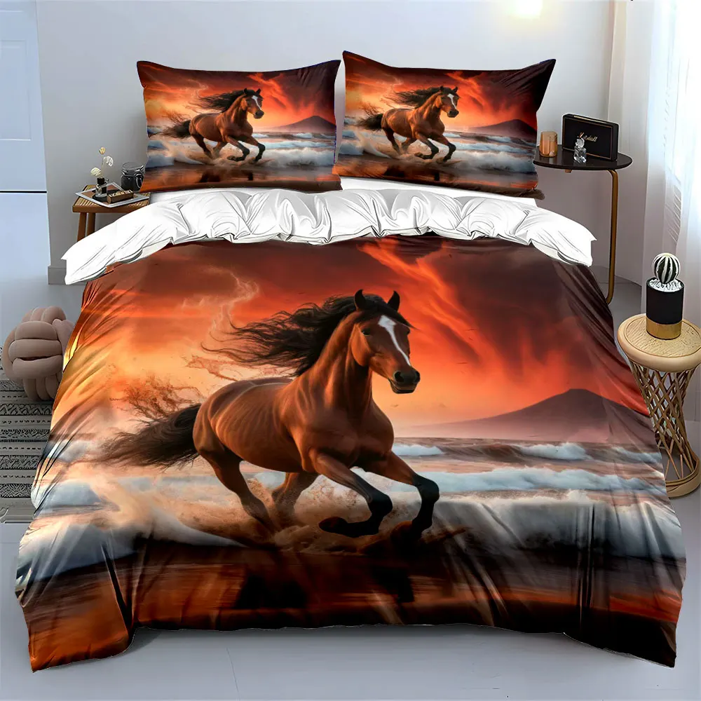 Galloping horse with ocean waves Bedding Set for Kids Luxury Gift 3pcs Digital Print Comforter Set Soft Comfortable Breathable