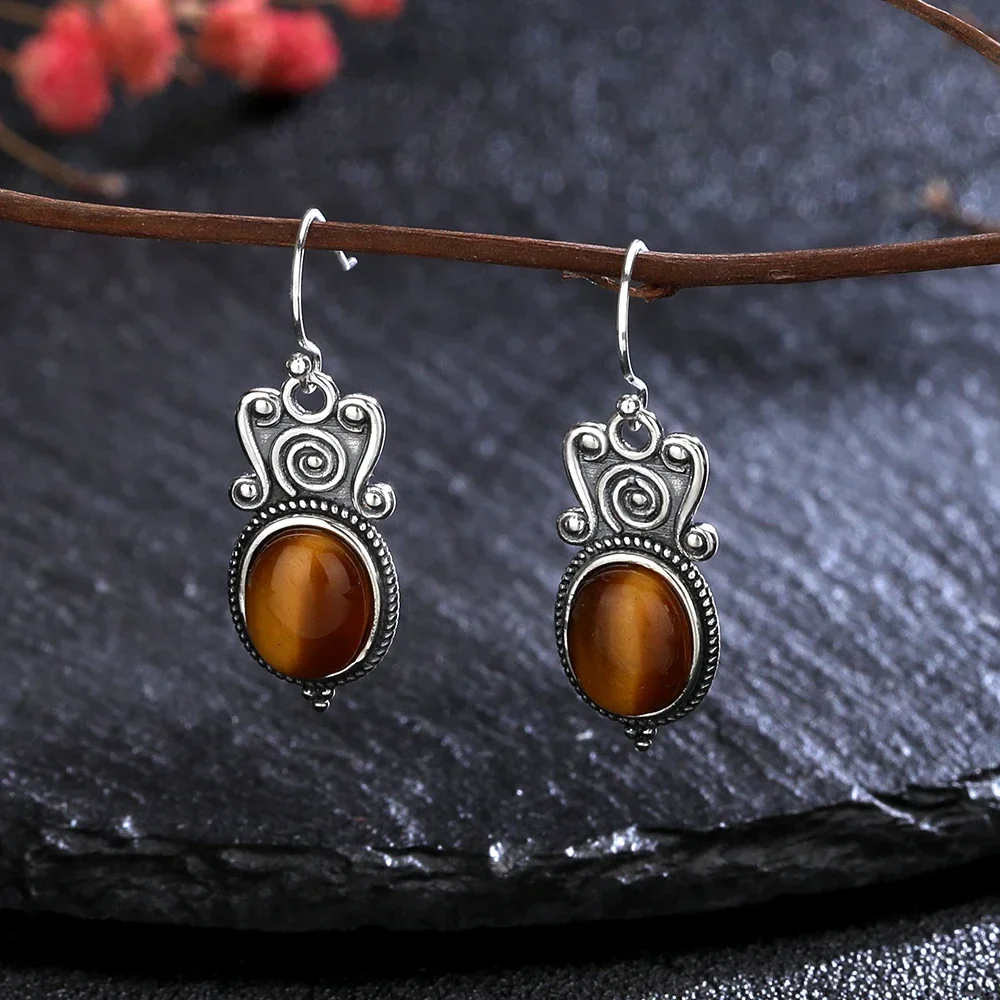 Natural Tiger's Eye Stone Drop Earrings 925 Sterling Silver Earrings for Women New Style Rhodochrosite Vintage Ear Jewelry