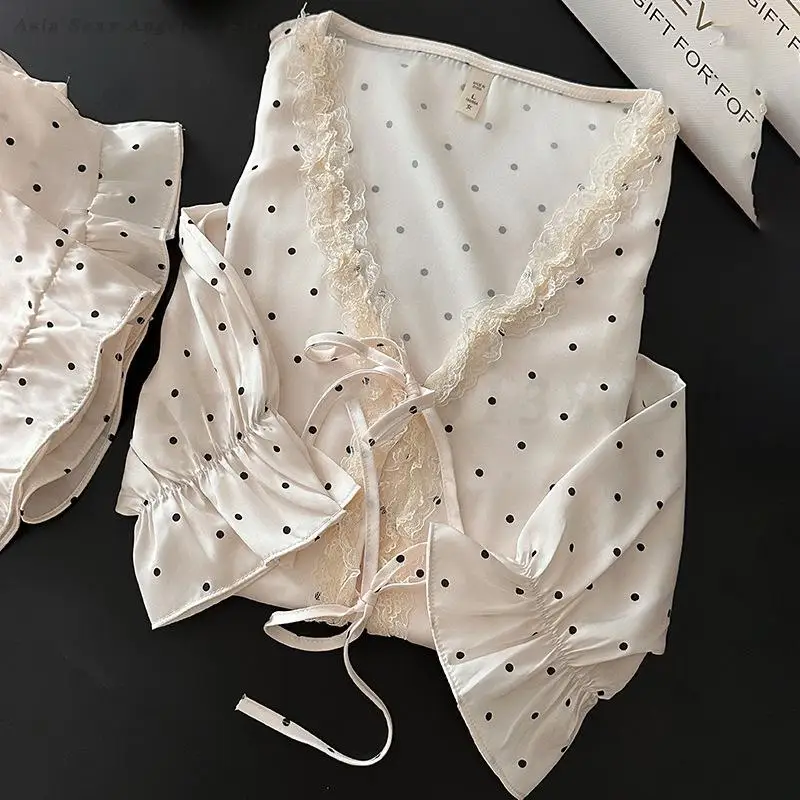 Polka Dots Ruffle Edge 2PCS Pajamas Set 2025 Spring Summer Ice Silk Sleepwear Women Gentle Long Sleeved V-Neck Loose Loungewear