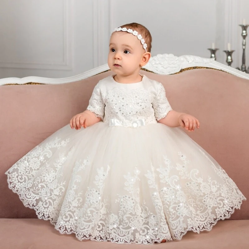 

Ivory Flower Girl Dresses Tulle Puffy Sequin Appliques With Bow Half Sleeve For Wedding Birthday Party Holy Communion Gowns