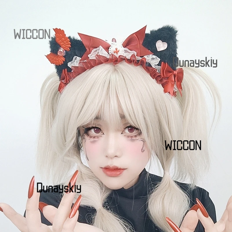 Headpiece gótico Lolita KC para Halloween/Natal/Oktoberfest/Páscoa – Orelhas de gato destacáveis e laço cruzado