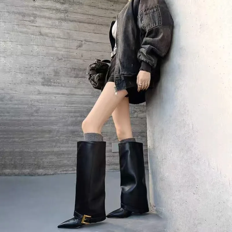 

Женские высокие сапоги с пряжкой на ремне, новые осенние туфли на шпильке с острым носком и мягкими рукавами