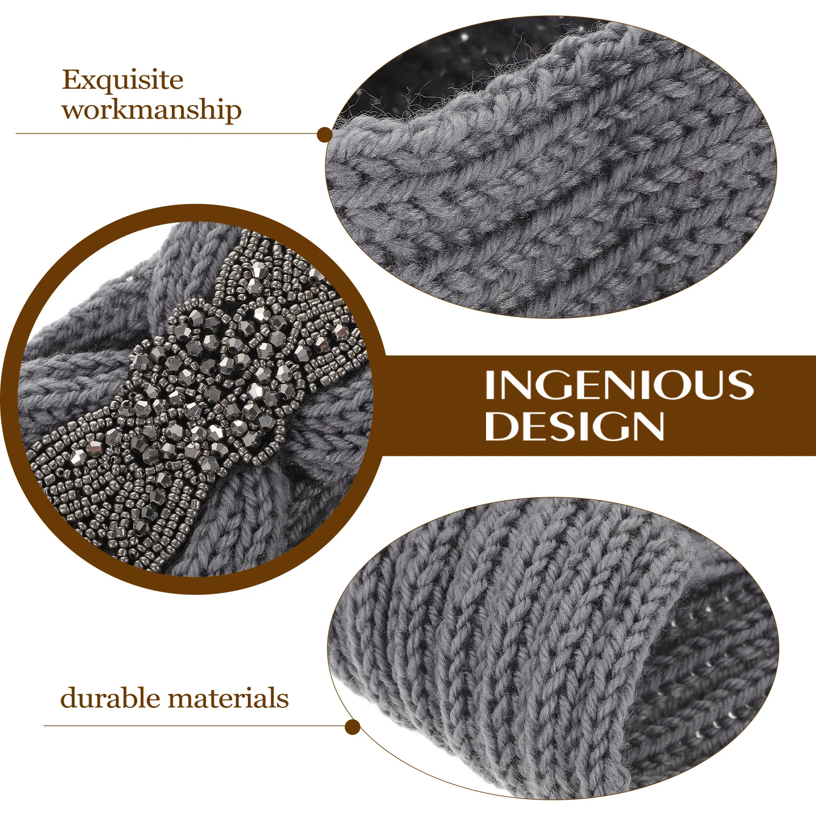 

Rhinestone Headband Knitted Woolen Yarn Hair Band Women Winter Warm Flower Pattern Minimalist Headwrap Light Grey