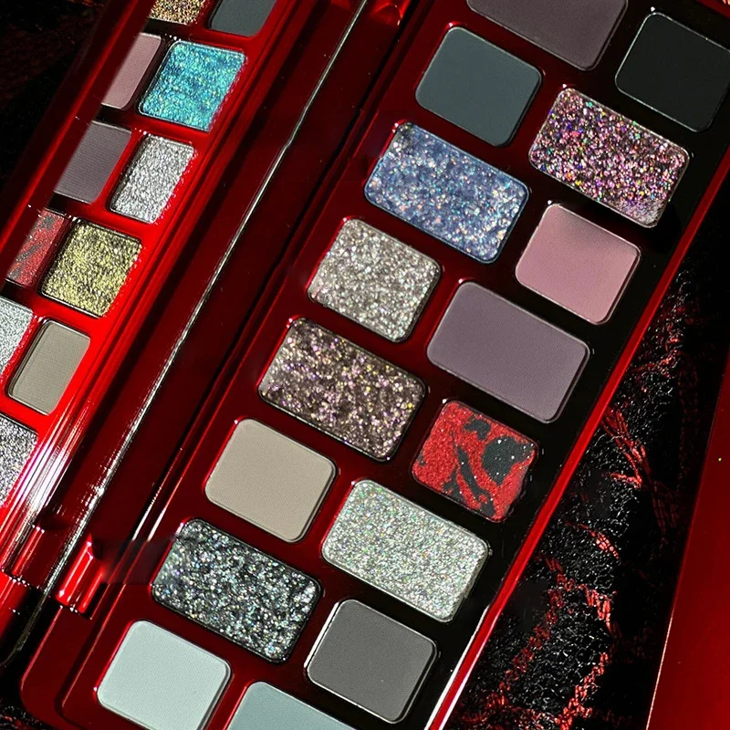 Paleta de maquillaje de sombra de ojos Punk, perla de diamante, rojo y negro, resistente al agua, duradero, brillo verde mate, paleta de sombra de ojos de 16 colores