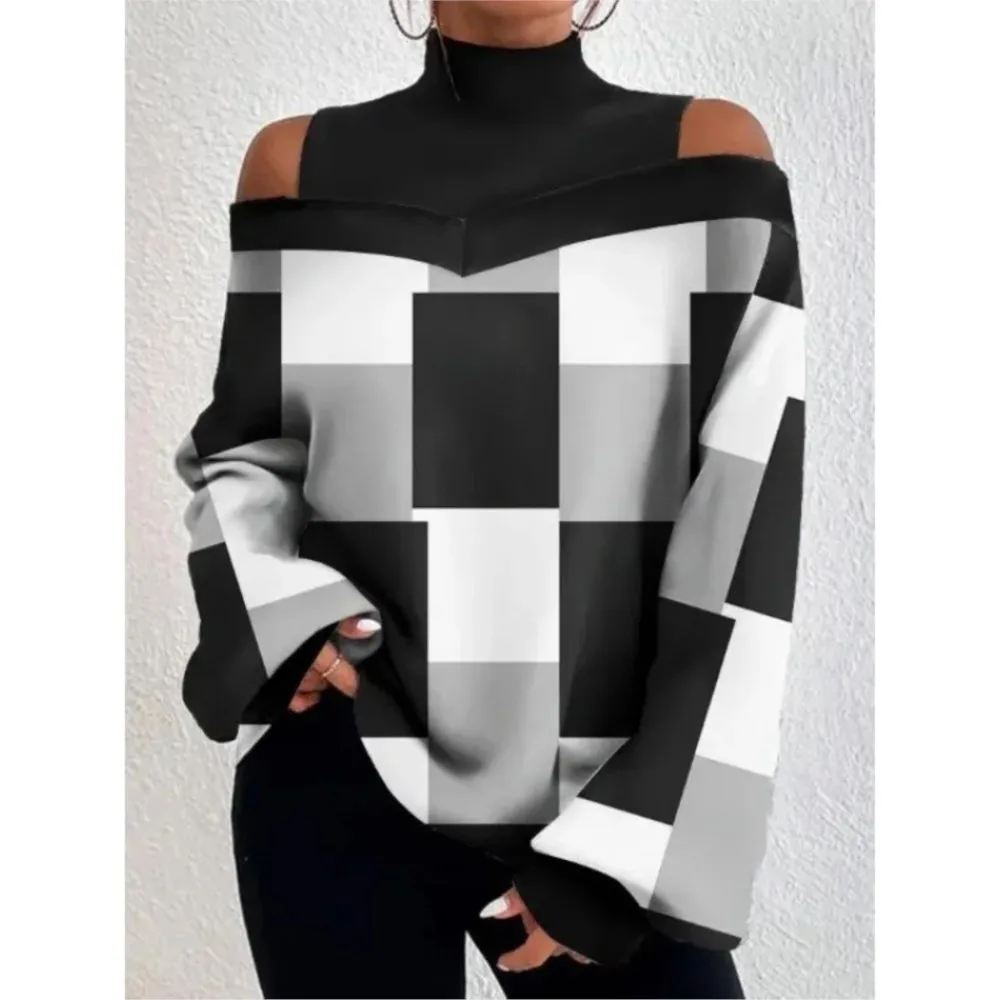 2024 Autumn Women\'s Lantern Sleeve Printed Top Casual Off Shoulder Half Round Neck Retro Gradient Printed T-shirt Одежда Женская