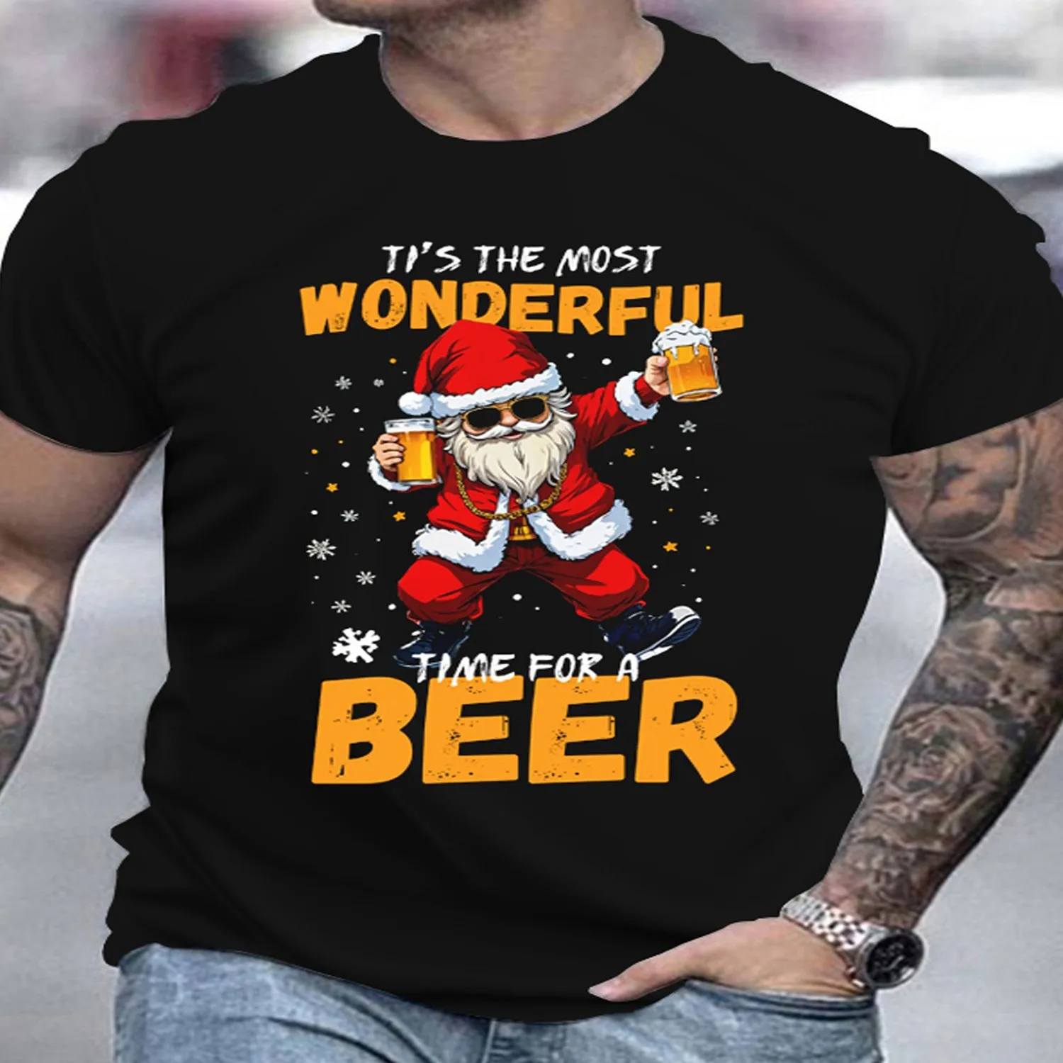 Casual Round Neck Short Sleeve Outdoor Top Featuring a 3D Print of a Cool Santa Enjoying Beer, Perfect for Christmas Men Graphic Tee, Weekend Casual Top