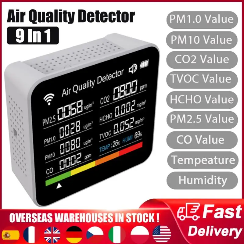 9 في 1 مستشعر مراقبة جودة الهواء المنزل الذكي CO2 متر CO TVOC HCHO PM2.5 PM1.0 كاشف درجة الحرارة والرطوبة ثاني أكسيد الكربون