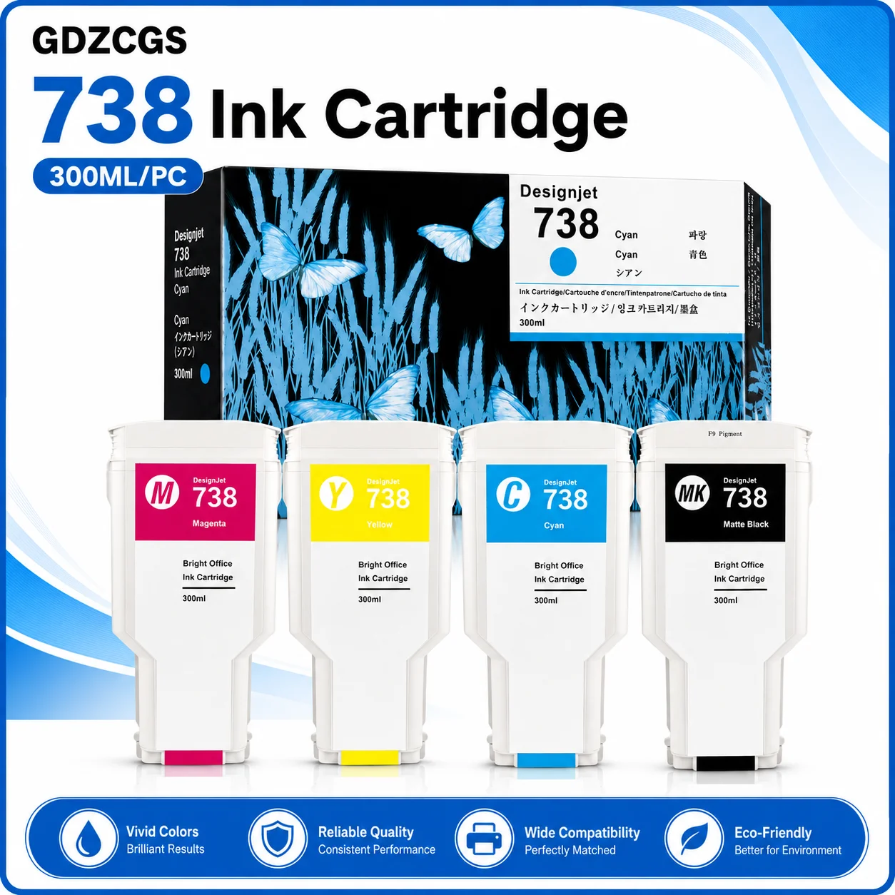738 738XL Ink Cartridge Compatible for HP738 Ink 676M6A 676M7A 676M8A 498N8A Premium Color Inkjet HP DesignJet T950 T850 Printer