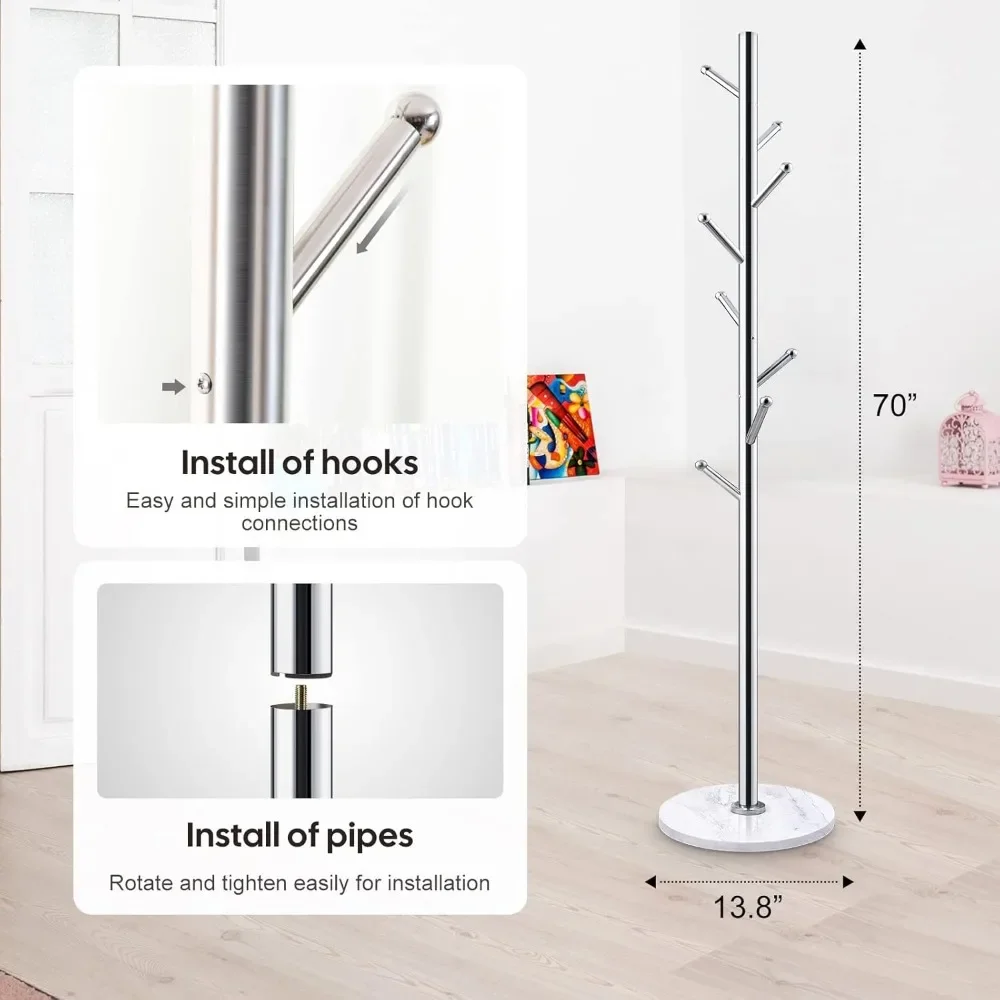 Metal Coat Rack Stand with Natural Marble Base, Stainless Steel Freestanding with 8 Hooks, Hall Tree (Silver)