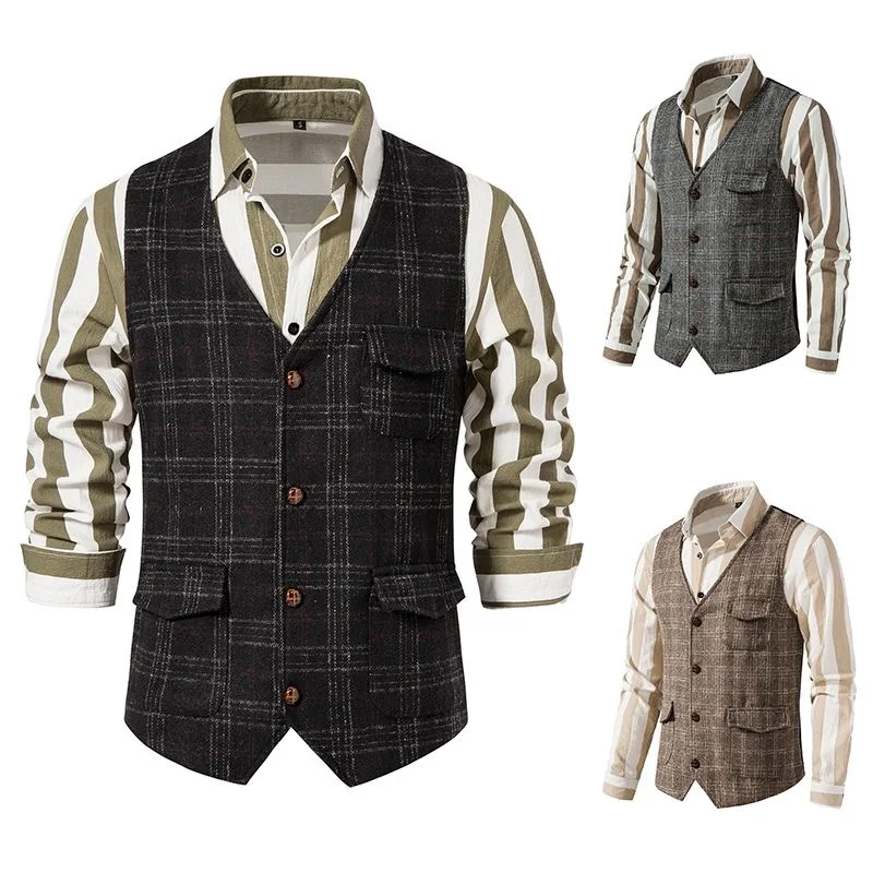 

2024 New Men's British Retro Casual Gentleman Men's Vest Woolen Hunting Suit Plaid Horse Jacket Wedding