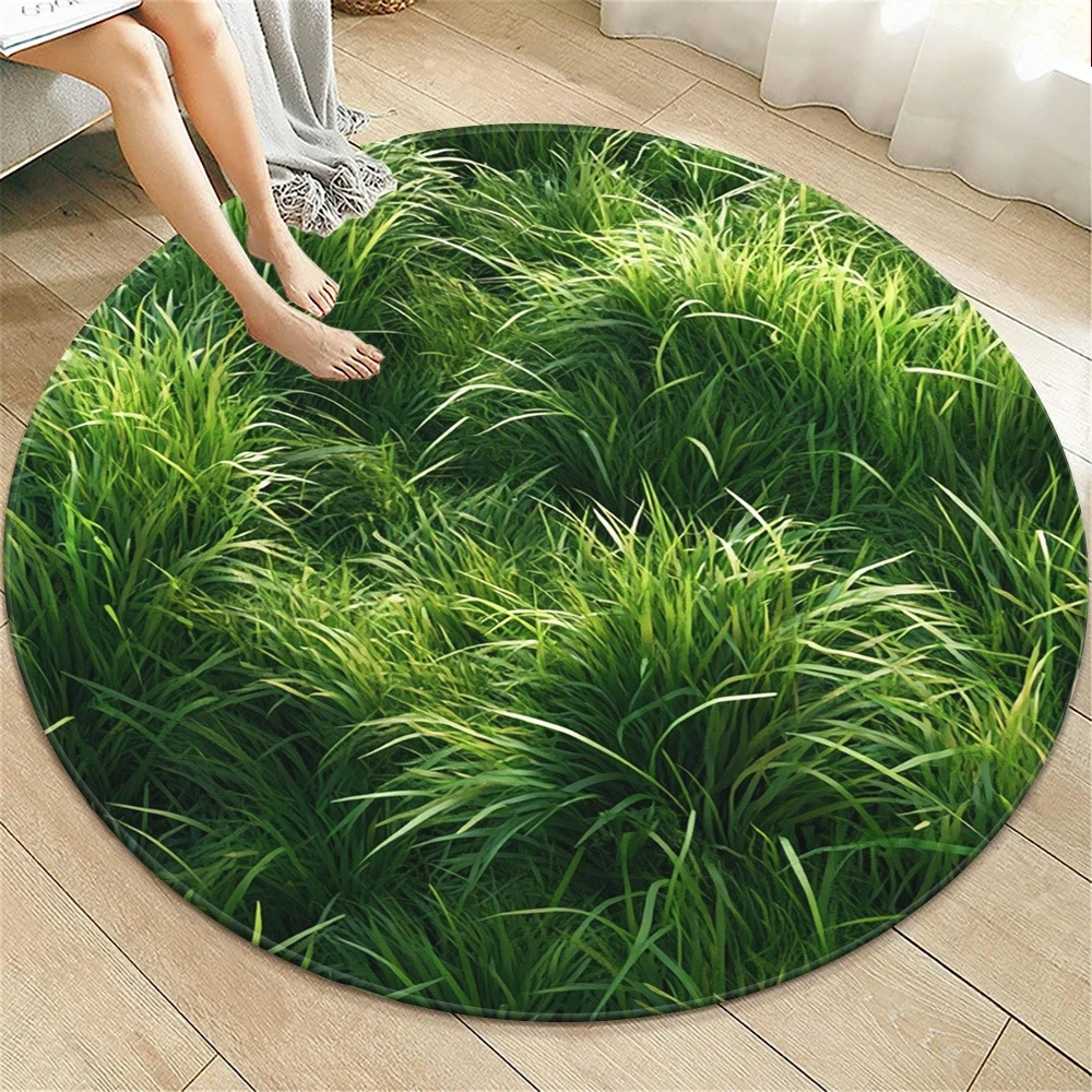 Natural Green Lawn Visual Circular Area Rug Simulation Fresh Grass Round Mat  Optical Illusion Decor Rug for Indoor Living Space