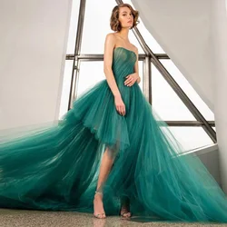 Fashion Strapless Prom Gowns Tulle Long Princess Dress To Party robe de soiree Puffy Lush Green Prom Gown abiye gece elbises